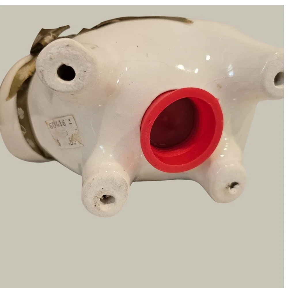 Vintage Ceramic Piggy Bank Winking Pig Off White Floral Ribbon Coin Bank